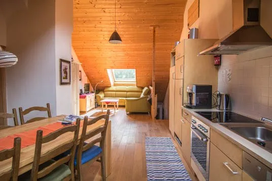 Blick vom Esstisch in den Wohnbereich mit Sofa und Teppich